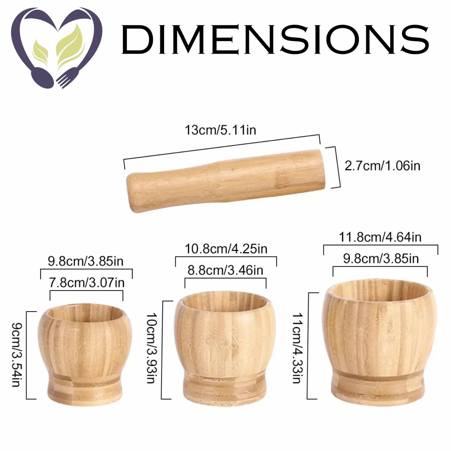 Mortier Pilon Bambou Ail dimensions