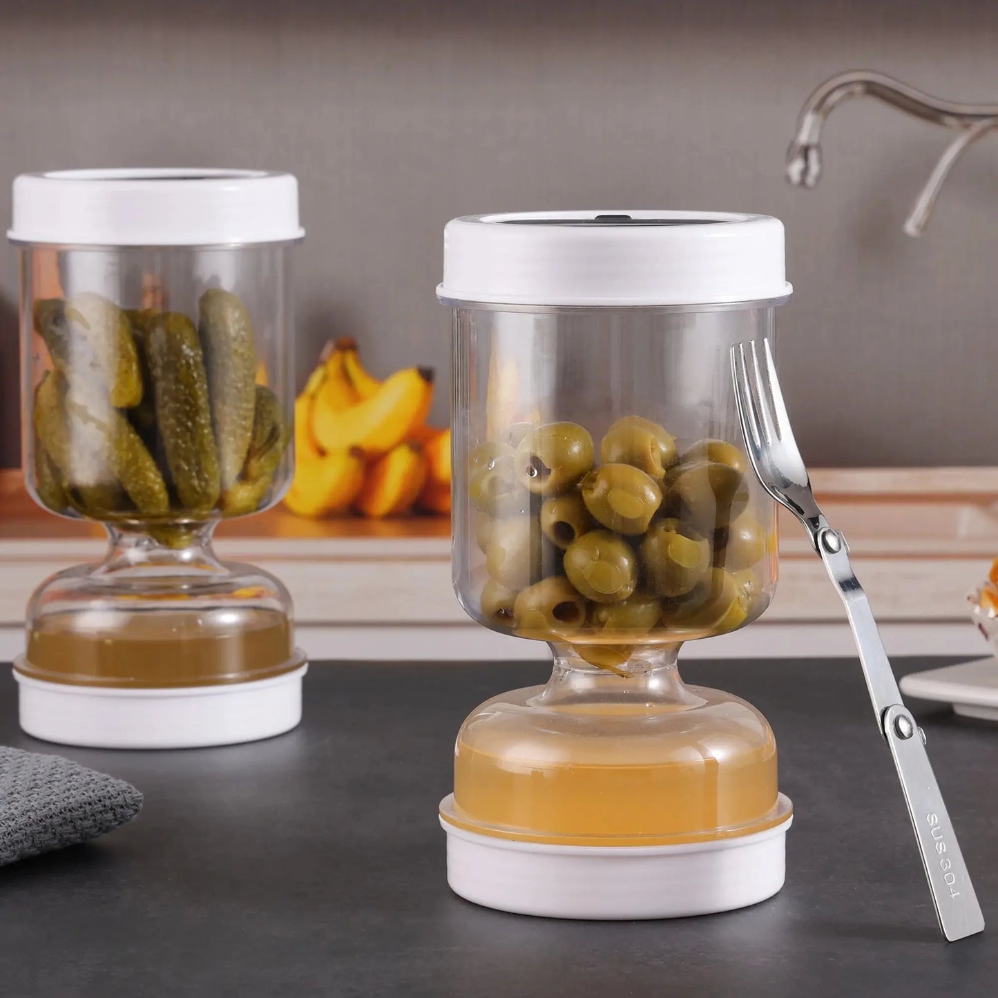 Olive and Pickle Strainer Jar, New Olive Container Hourglass Jar with Strainer Flip Pickle Container for Airtight Food Storage Paradis Cuisine