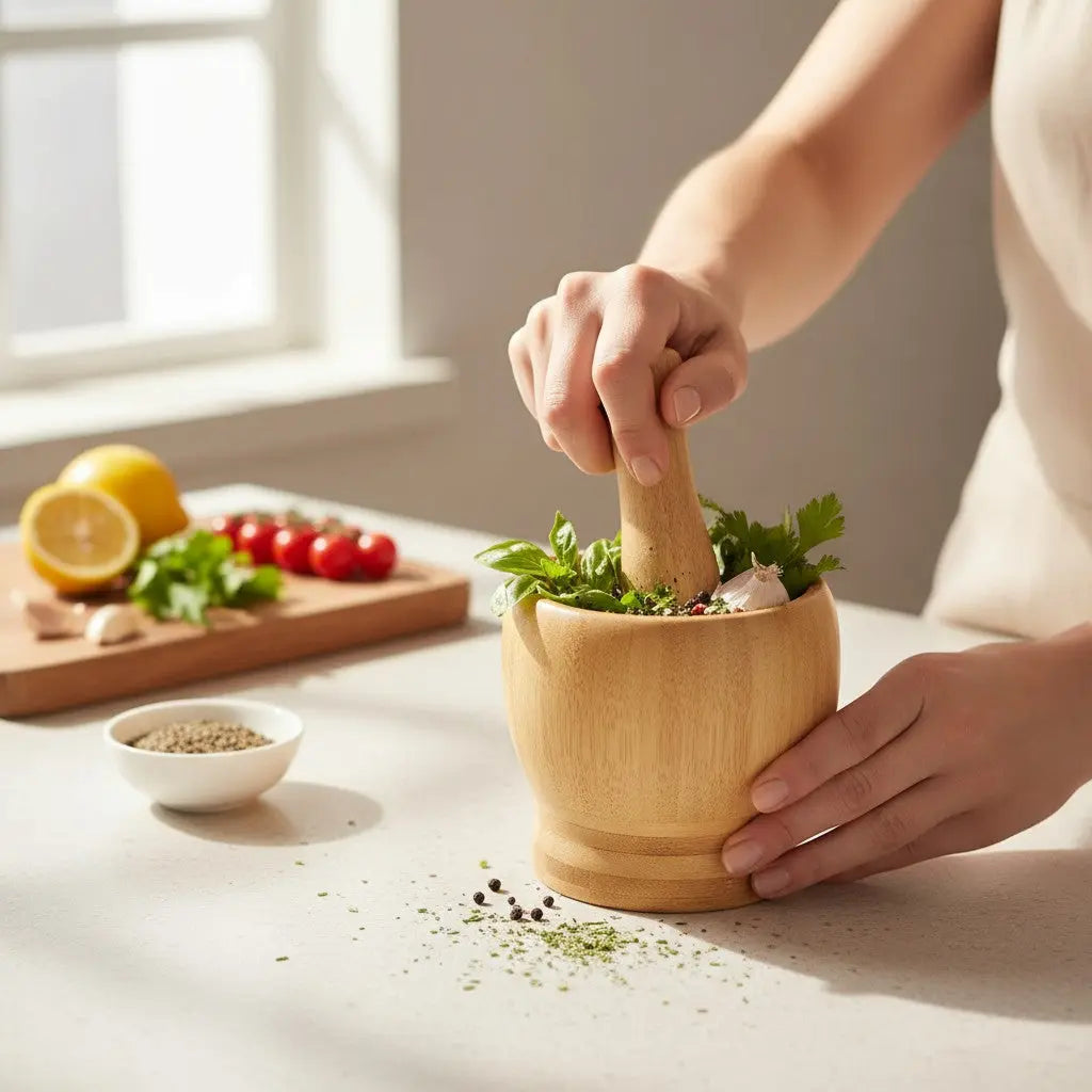 Mortier Pilon Bambou Ail Demostration