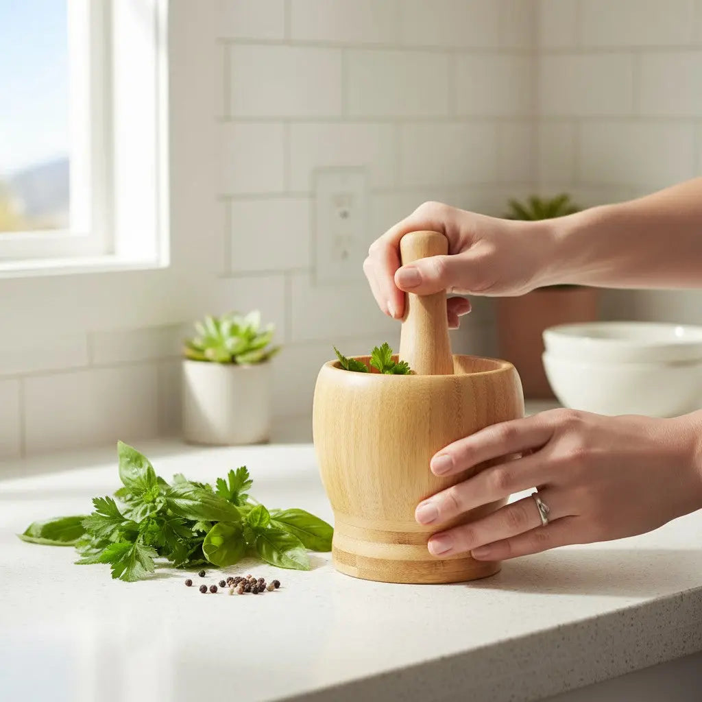 Mortier Pilon Bambou Ail en  Action