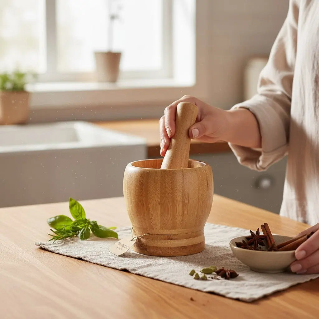 Mortier Pilon Bambou Ail comptoir cuisine