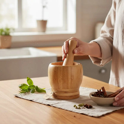 Mortier Pilon Bambou Ail comptoir cuisine