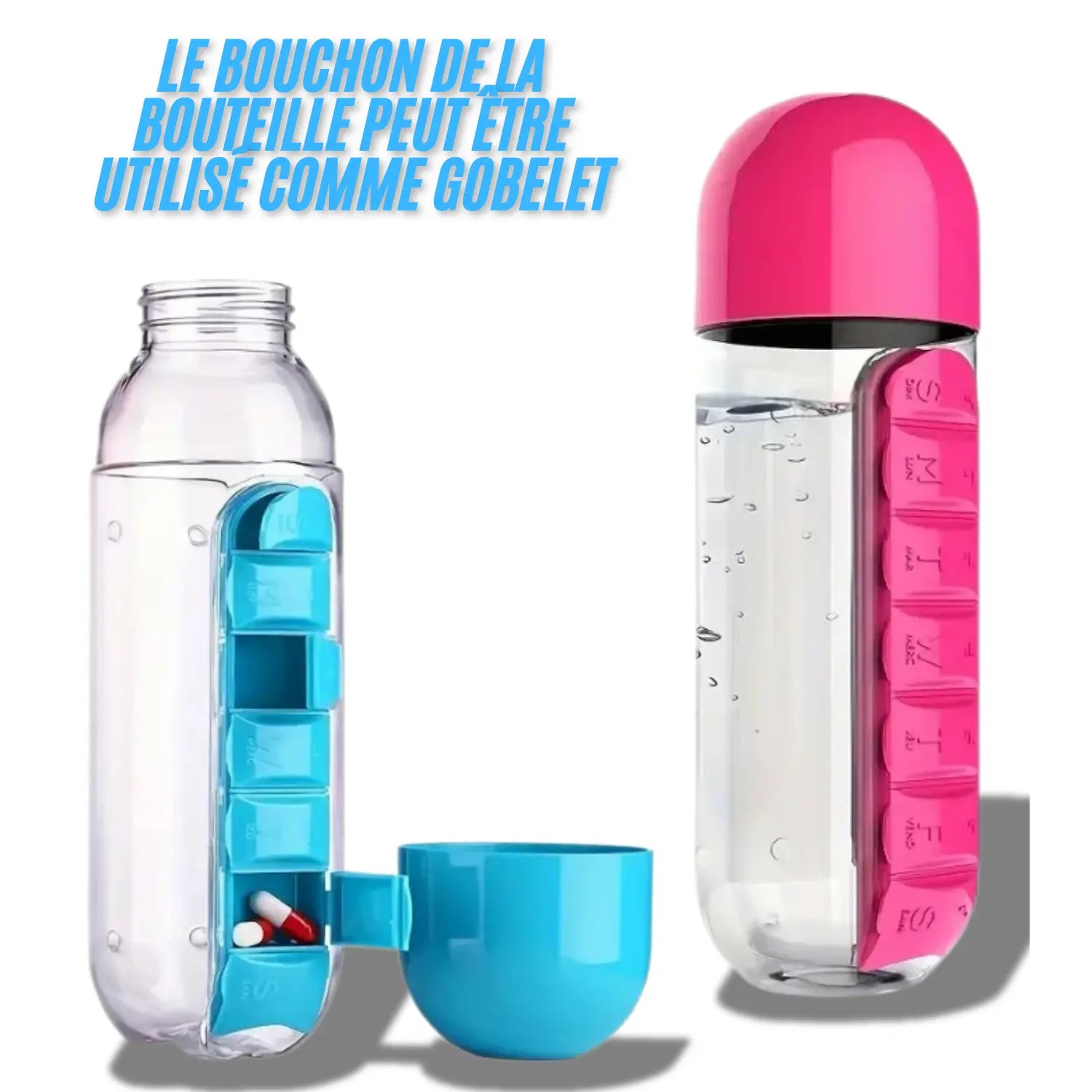 Pillulier Bouteille 2-en-1 bouchon coupe