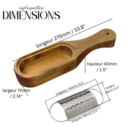 Râpe à fromage en Acacia Collecteur dimensions poignee